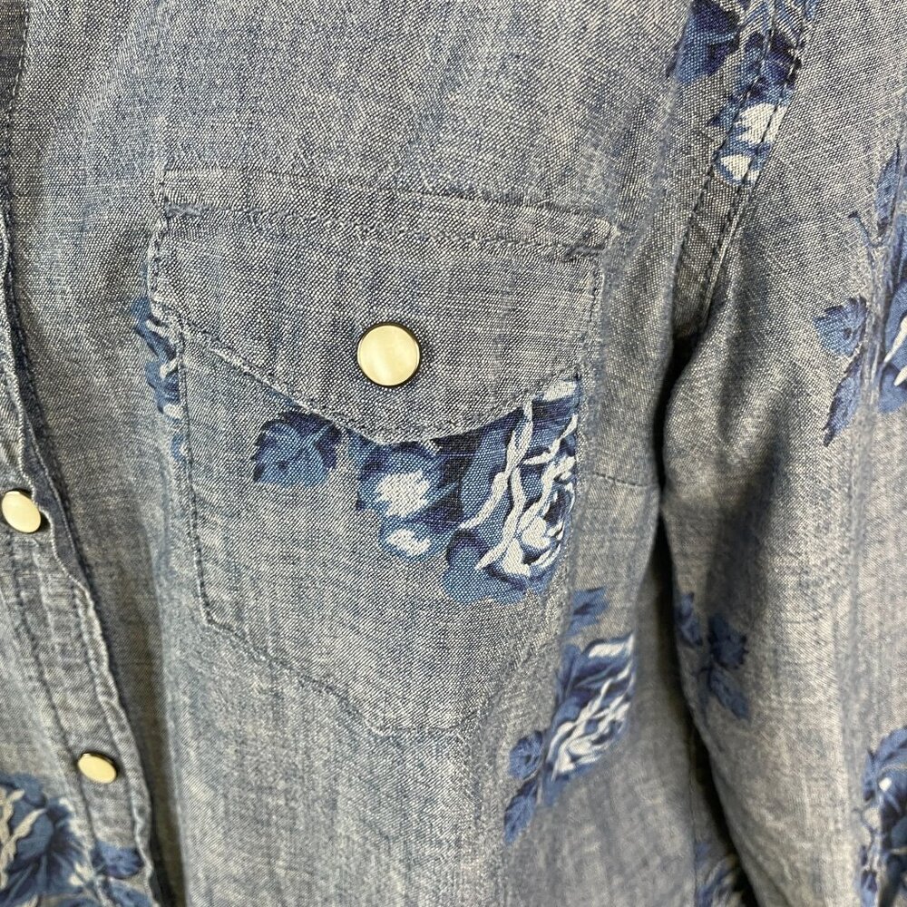 Gap 1969 Cowgirl Floral Chambray Pearl Snap Top Size M Country Western Rodeo - Picture 6 of 13